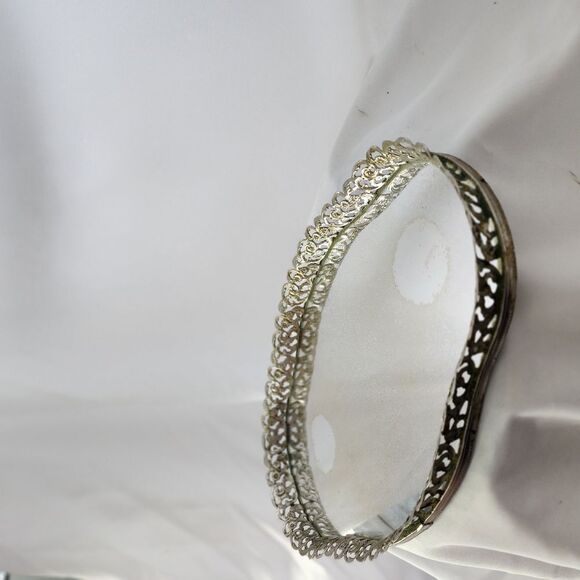 Vintage Ornate Metal Art Deco Vanity Mirrored Tray - Picture 8 of 12